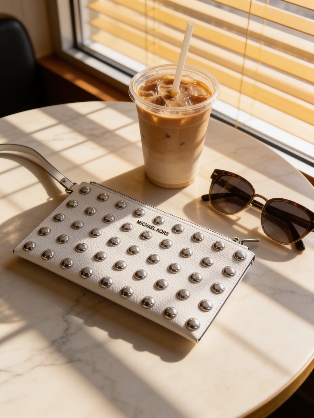 Michael Kors White Studded Wristlet Clutch with Silver Accents